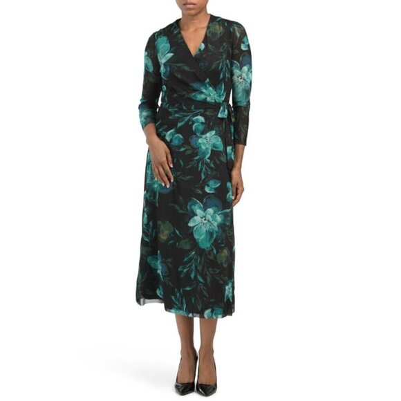 NWT Anne Klein Women's Long Sleeve Floral Print Tie Waist Wrap Midi Dress - Picture 1 of 5